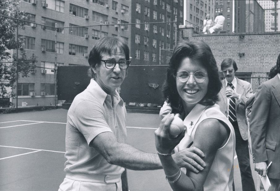 Riggs and King appear at a press event to promote their match in 1973. Riggs said that the women's game was inferior, and he played the role of the male chauvinist leading up to the event. "Women belong in the bedroom and kitchen, in that order," he said. King was in the prime of her career and had just founded the Women's Tennis Association.