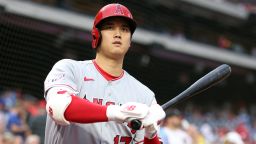 PHILADELPHIA, PENNSYLVANIA - AUGUST 29: Shohei Ohtani #17 of the Los Angeles Angels looks on before playing against the Philadelphia Phillies at Citizens Bank Park on August 29, 2023 in Philadelphia, Pennsylvania. (Photo by Tim Nwachukwu/Getty Images)