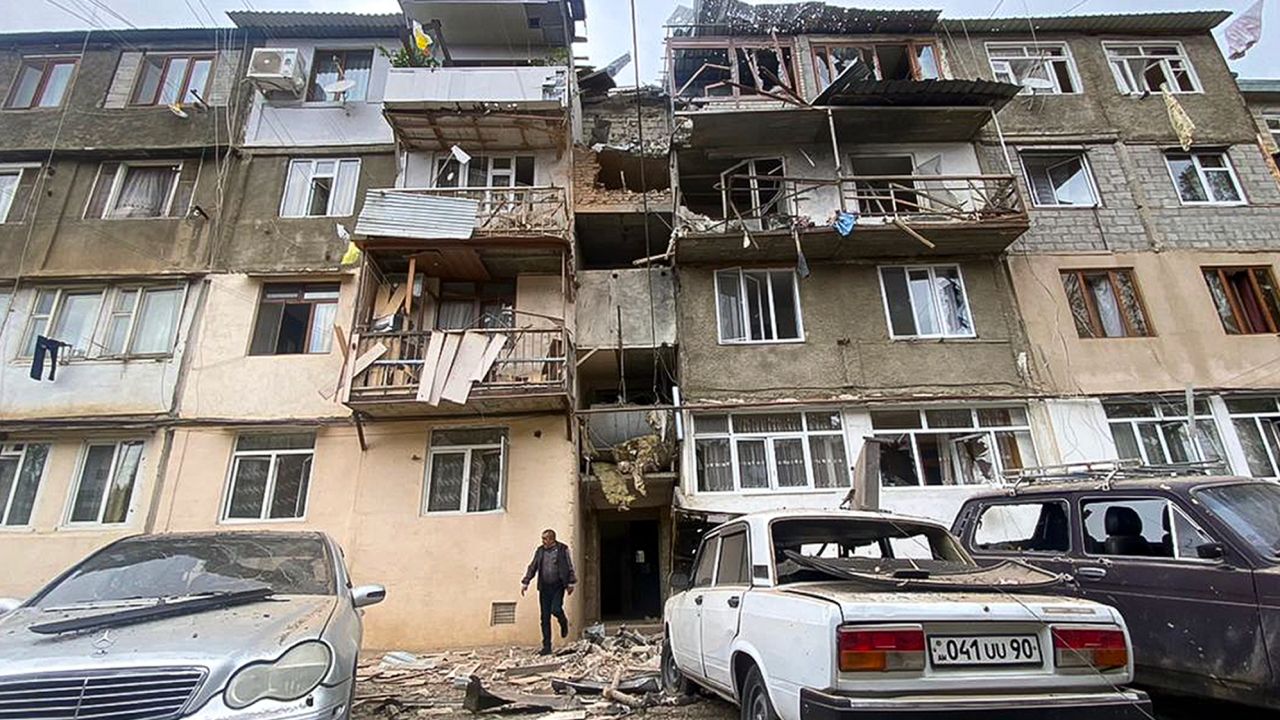 A damaged apartment building after shelling in Stepanakert, September 19, 2023.  
