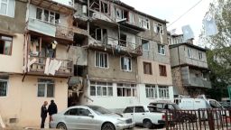 A damaged residential building in Stepanakert, the regional capital, after Azerbaijan began strikes on Nagorno-Karabakh on September 19, 2023.