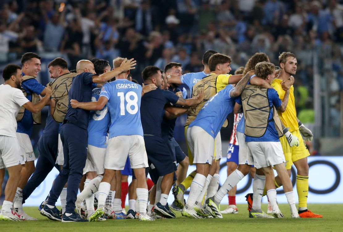 ROME, ITALY - SEPTEMBER 19: Ivan Provedel of SS Lazio celebrates with team mates after scoring his goal ,during the UEFA Champions League match between SS Lazio and Atletico de Madrid at Stadio Olimpico on September 19,2023 in Rome, Italy . (Photo by MB Media/Getty Images)