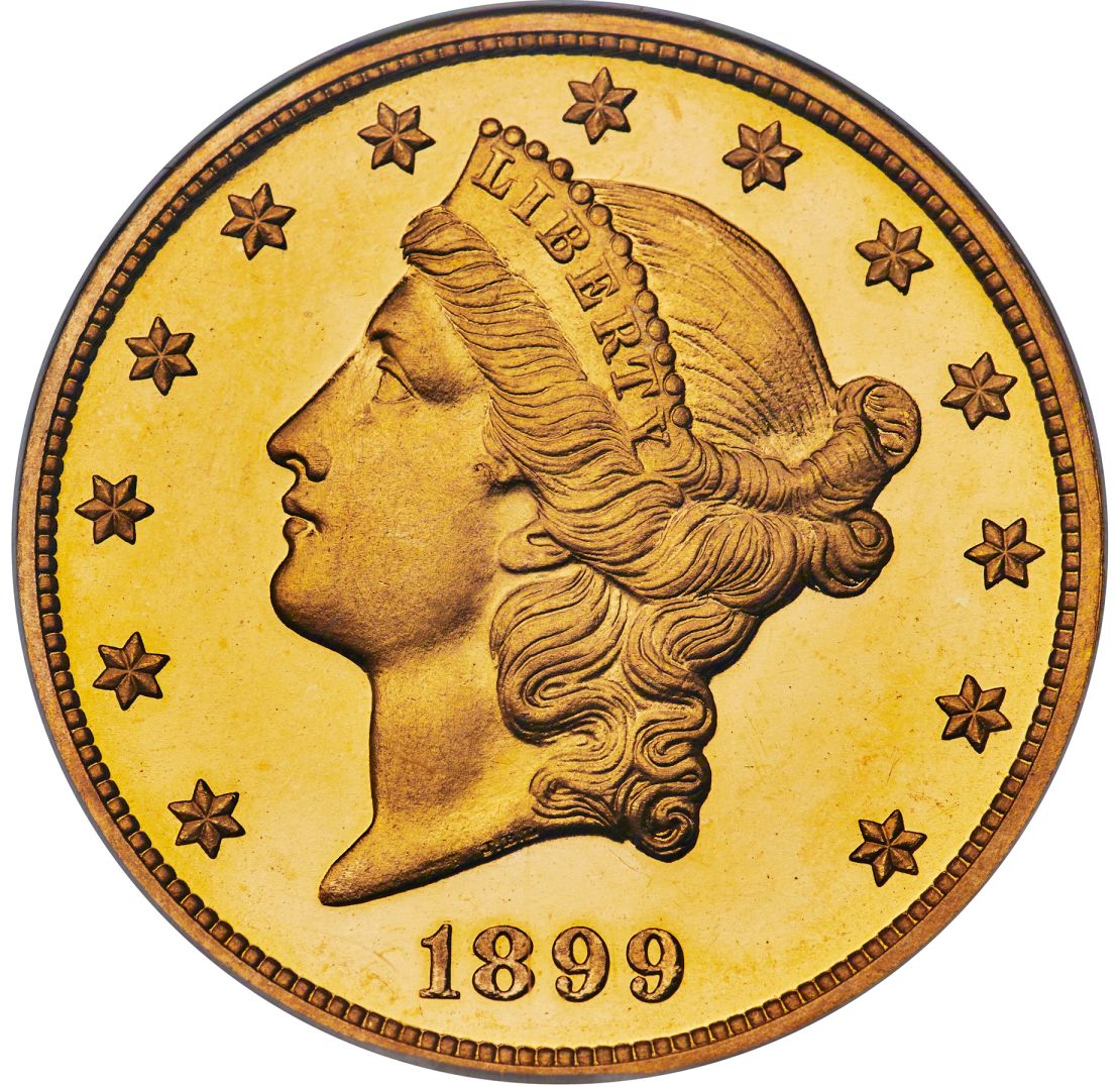 A rare 1899 double eagle $20 gold coin featuring a portrait of the head of Liberty topped the Coins auction.
