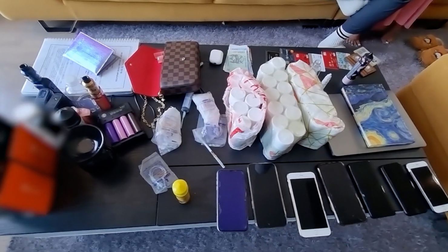 South Korean police display items seized during the raids.