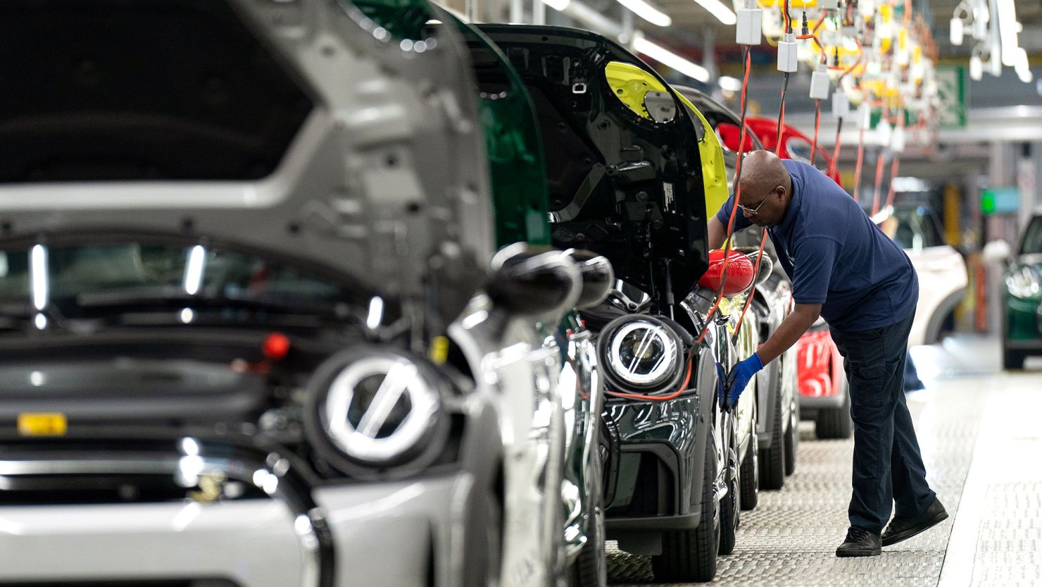 Minis on the production line at the BMW Mini plant in Oxford, UK on September 11, 2023.