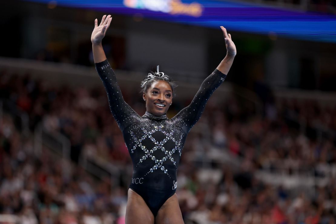 SAN JOSE, CALIFORNIA - AUGUST 27: Simone Biles reacts after competing in the floor exercise on day four of the 2023 U.S. Gymnastics Championships at SAP Center on August 27, 2023 in San Jose, California. (Photo by Ezra Shaw/Getty Images)
