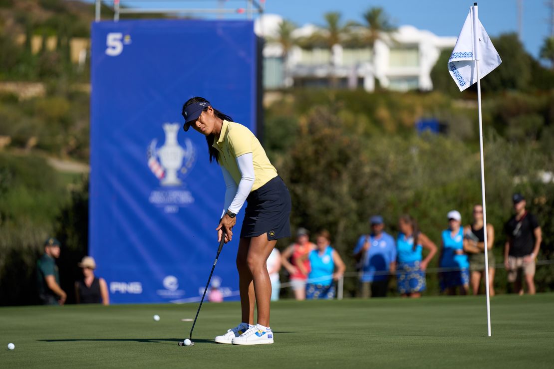 CASARES, SPAIN - SEPTEMBER 19: Celine Boutier of Team Europe plays a shot durprior to the The Solheim Cup at Finca Cortesin Golf Club on September 19, 2023 in Casares, Spain. (Photo by Angel Martinez/Getty Images)