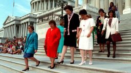 Sen. Patty Murray, D-Wash., left, leads a group of woman senators, and others, down the steps of the Capitol July 21,1993 to a news conference to announce their opposition against restrictions on abortion coverage in federal appropriations bills. Joining Murray, from second left, are: Sen. Barbara Mikulski, D-Md.; National Organization for Women President Patricia Ireland; Sen. Dianne Feinstein, D-Calif., and Sen. Barbara Boxer, D-Calif. Others are unidentified.