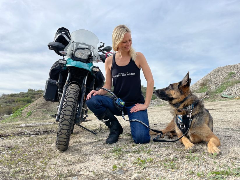 <strong>Constant companion: </strong>Stone began her adventure in March 2022 with her dog Moxie and husband Greg riding behind them. But earlier this year, Greg was hit by a bus while riding and Moxie passed away days after undergoing routine surgery.<br />