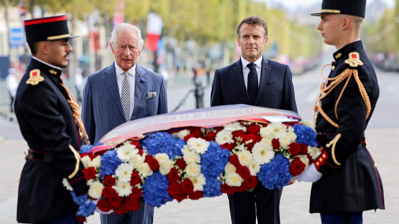 King Charles and French President Emmanuel Macron began the state visit with a wreath-laying ceremony at the Tomb of the Unknown Soldier.