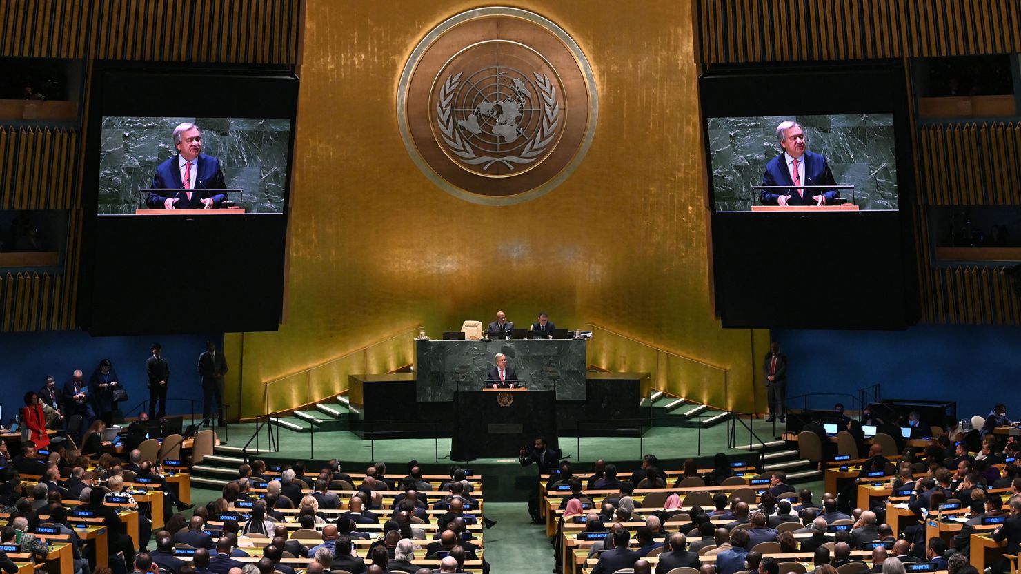 US Secretary-General Antonio Guterres addresses the 78th United Nations General Assembly at UN headquarters in New York City on Tuesday.