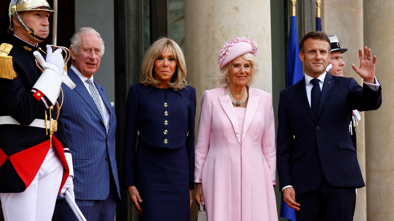 French President Emmanuel Macron and his wife, Brigitte, welcome Britain's King Charles and Queen Camilla on the first day of their state visit to France Wednesday.
