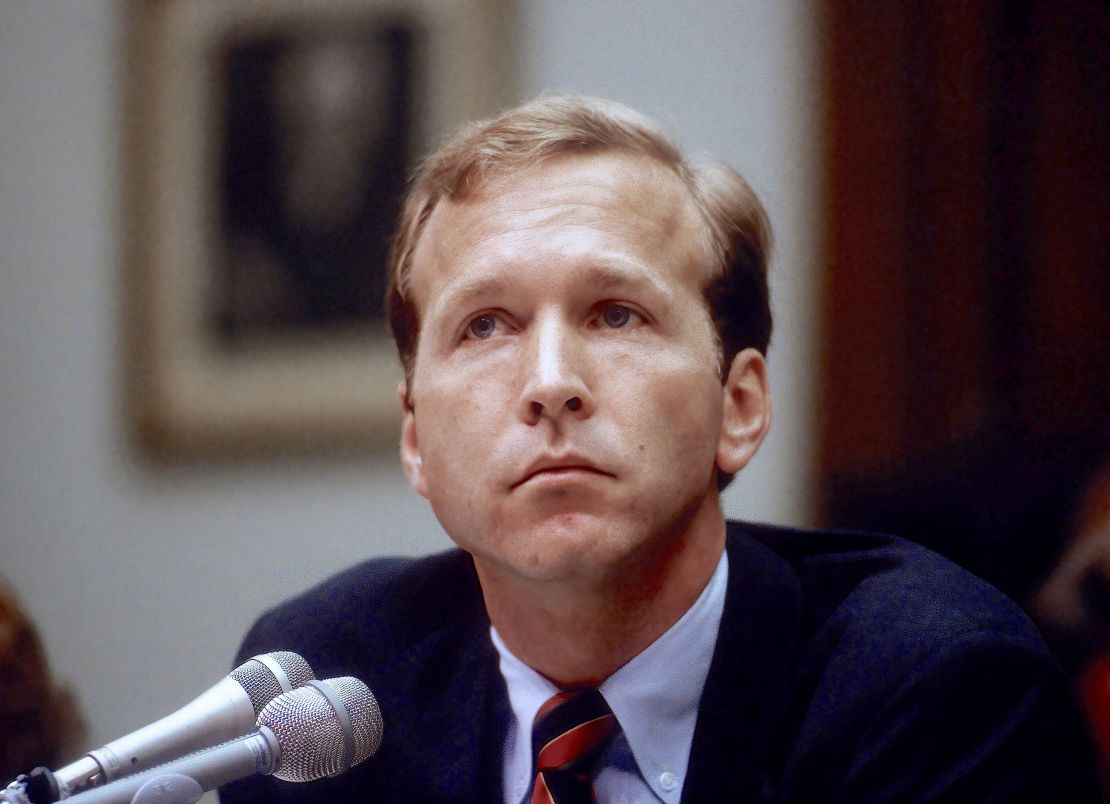Neil Bush testifies on day two at the House Banking, Finance & Urban Affairs Committee hearings about his role in the $1 billion failure of the Silverado Banking, and Savings and Loan, Washington DC, May 23,1990 (Photo by Mark Reinstein/Corbis via Getty Images)