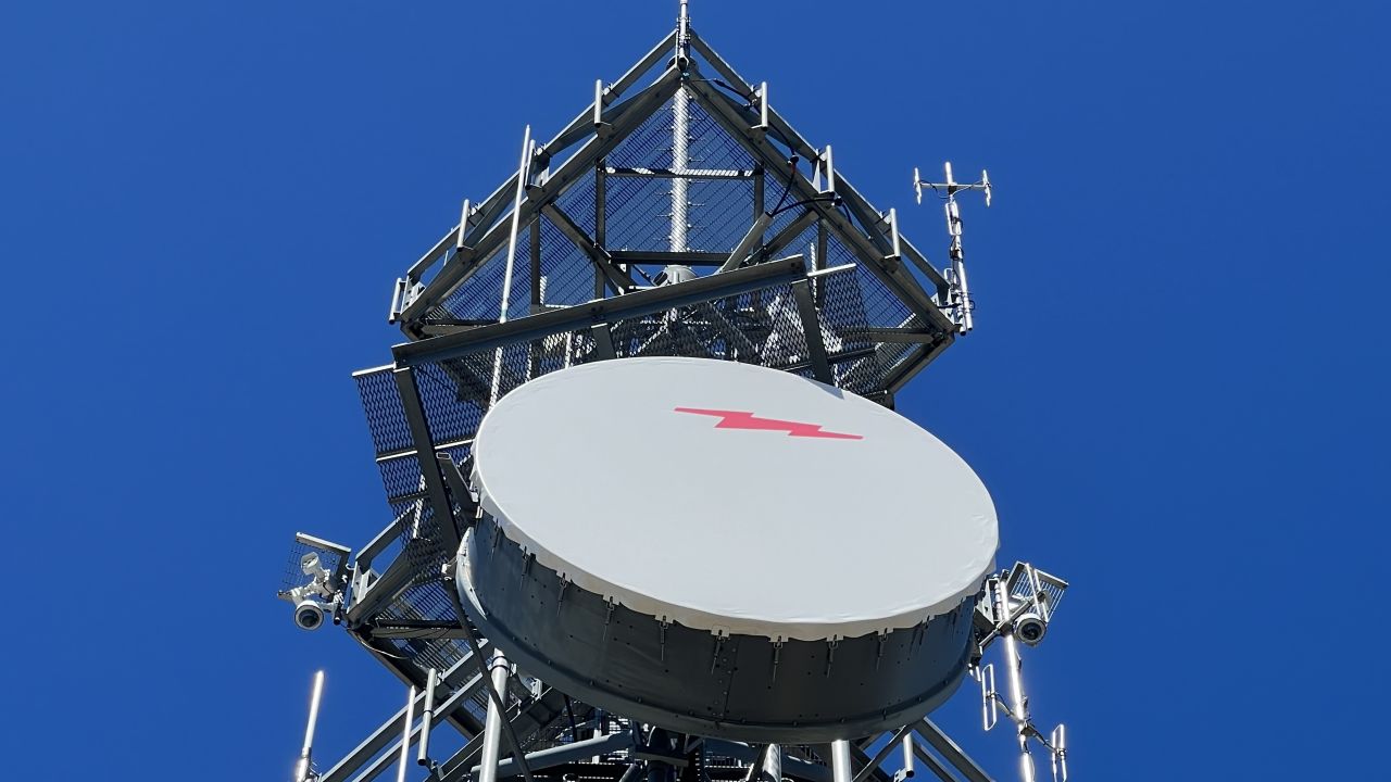 A closeup look at two of UC San Diego Alert California's cameras on a communications tower at Boucher Hill lookout.
