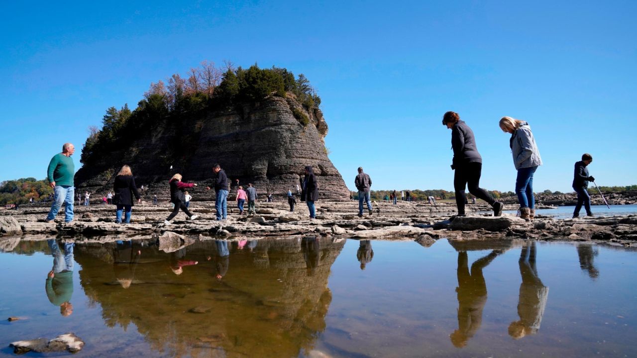 People were able to walk to Tower Rock, normally only accessible by boat, on October 19 2022, in Perry County, Missouri.