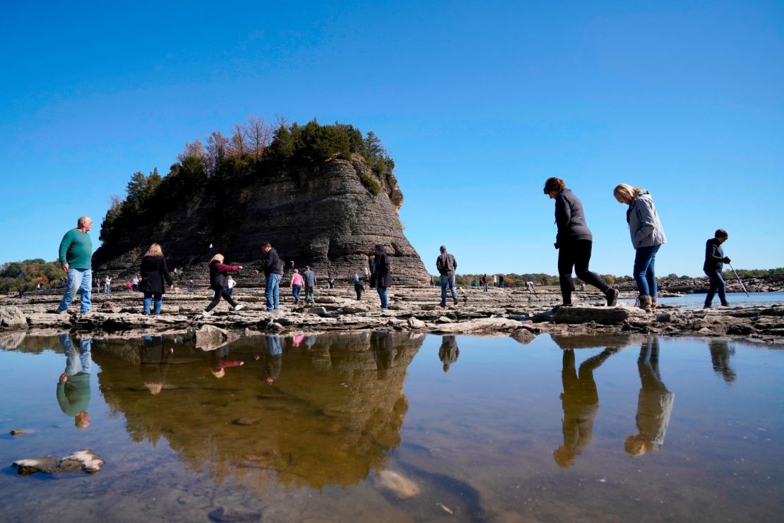 People were able to walk to Tower Rock, normally only accessible by boat, on October 19 2022, in Perry County, Missouri.