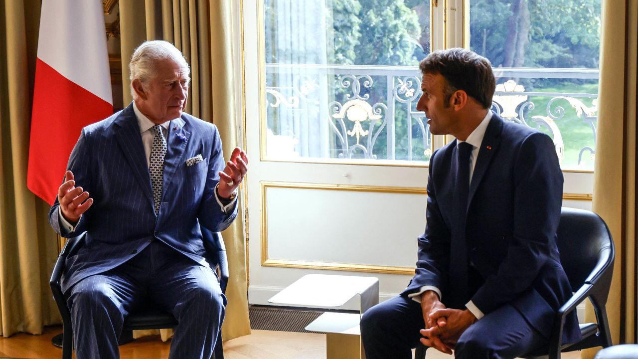 Britain's King Charles III (L) meets with French President Emmanuel Macron at the Elysee Palace in Paris on September 20, 2023, on the first day of a state visit to France. Britain's King Charles III and his wife Queen Camilla are on a three-day state visit to France. (Photo by Ludovic MARIN / POOL / AFP) (Photo by LUDOVIC MARIN/POOL/AFP via Getty Images)