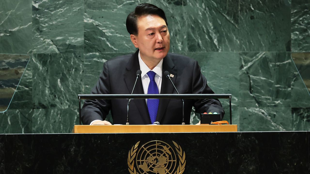 NEW YORK, NEW YORK - SEPTEMBER 20: South Korean President Yoon Suk Yeol speaks during the United Nations General Assembly (UNGA) at the United Nations headquarters on September 20, 2023 in New York City. Heads of states and governments from at least 145 countries are gathered for the 78th UNGA session amid the ongoing war in Ukraine and natural disasters such as earthquakes, floods and fires around the globe. (Photo by Michael M. Santiago/Getty Images)