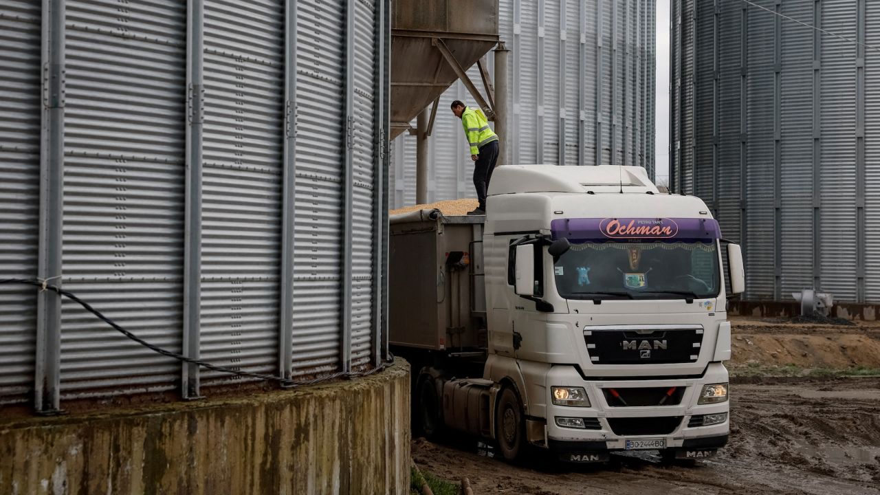A truck with corn is seen at a grain storage facility in the village of Bilohiria, Ukraine, on April 19, 2023.
