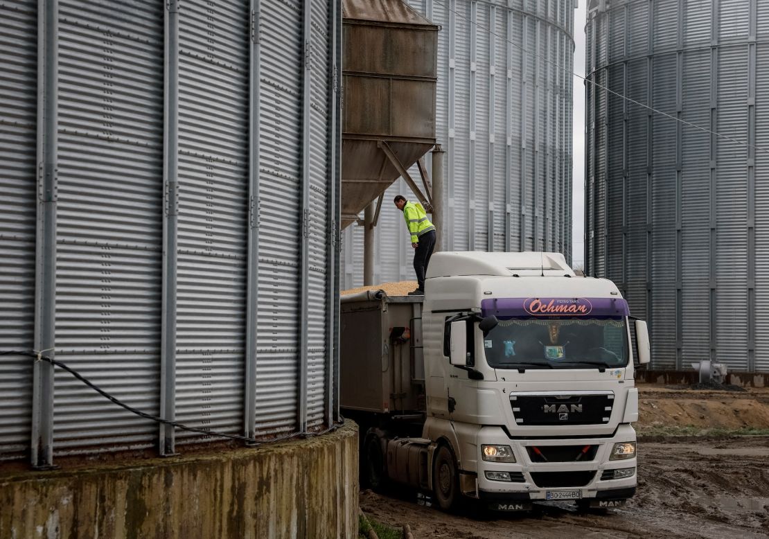 A truck with corn is seen at a grain storage facility in the village of Bilohiria, Ukraine, on April 19, 2023.