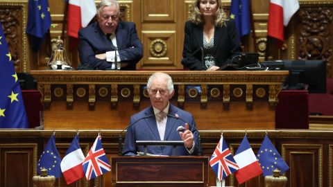 Britain's King Charles addresses Senators and members of the National Assembly at the French Senate, the first time a member of the British Royal Family has spoken from the Senate Chamber, in Paris on September 21, 2023. Britain's King Charles III and his wife Queen Camilla are on a three-day state visit starting on September 20, 2023, to Paris and Bordeaux, six months after rioting and strikes forced the last-minute postponement of his first state visit as king. (Photo by Emmanuel Dunand / POOL / AFP) (Photo by EMMANUEL DUNAND/POOL/AFP via Getty Images)