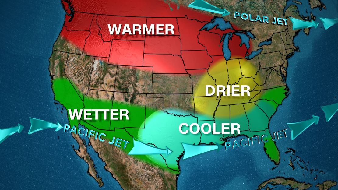 Condiciones promedio durante un invierno de El Niño en todo Estados Unidos continental.
