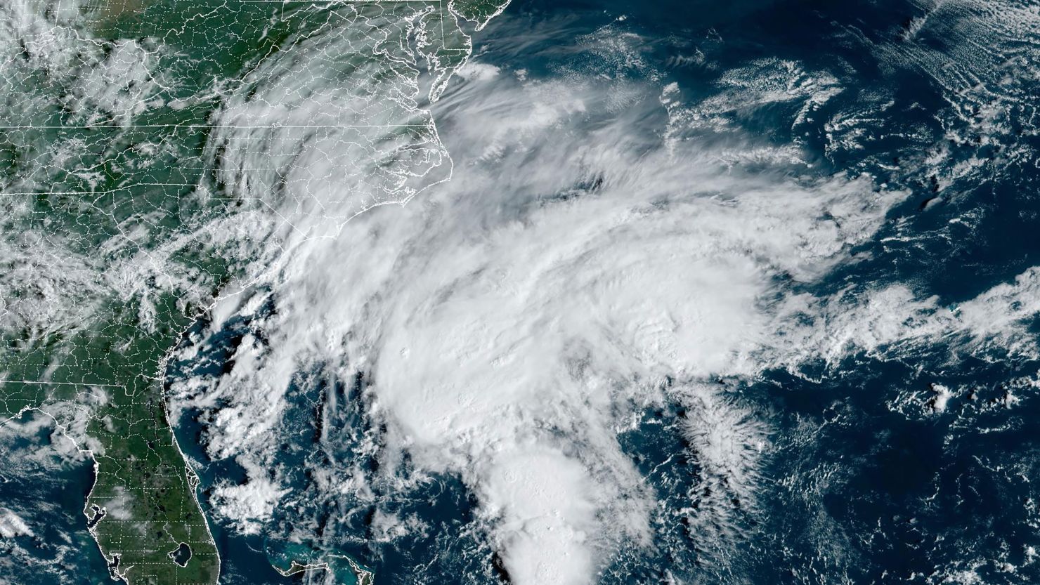 Satellite image shows shower and thunderstorm activity off the southeastern US coast on Thursday, September 21, 2023. This is expected to coalesce into the coastal storm that will affect the Eastern Seaboard into the weekend.