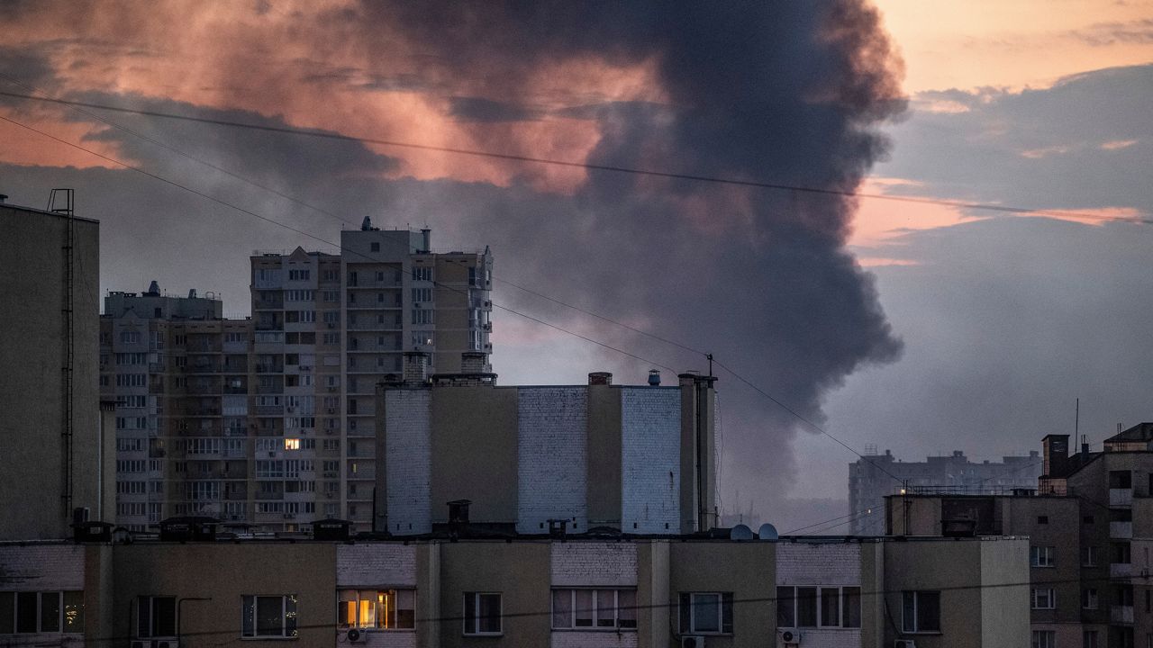 Smoke rises over Kyiv on September 21, 2023 after Russia launched another round of strikes on the Ukrainian capital.