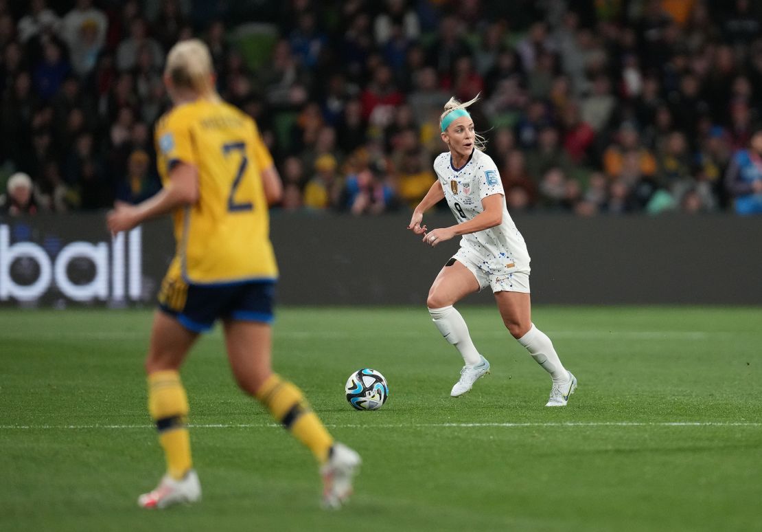Aug 6, 2023; Melbourne, AUS; United States midfielder Julie Ertz (8) controls the ball against Sweden in the first half of a Round of 16 match during the 2023 FIFA Women's World Cup at Melbourne Rectangular Stadium. Mandatory Credit: Jenna Watson-USA TODAY Sports