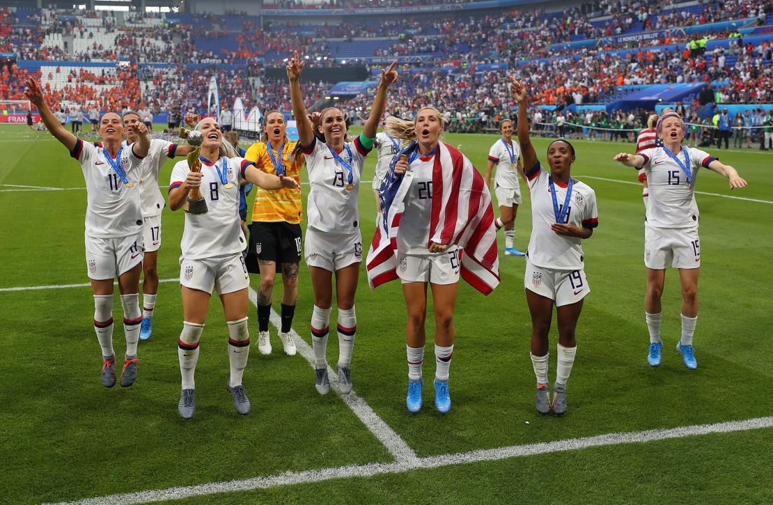 LYON, FRANCE - JULY 07: Players of the USA celebrate following their sides victory in the 2019 FIFA Women's World Cup France Final match between The United States of America and The Netherlands at Stade de Lyon on July 07, 2019 in Lyon, France. (Photo by Richard Heathcote/Getty Images)