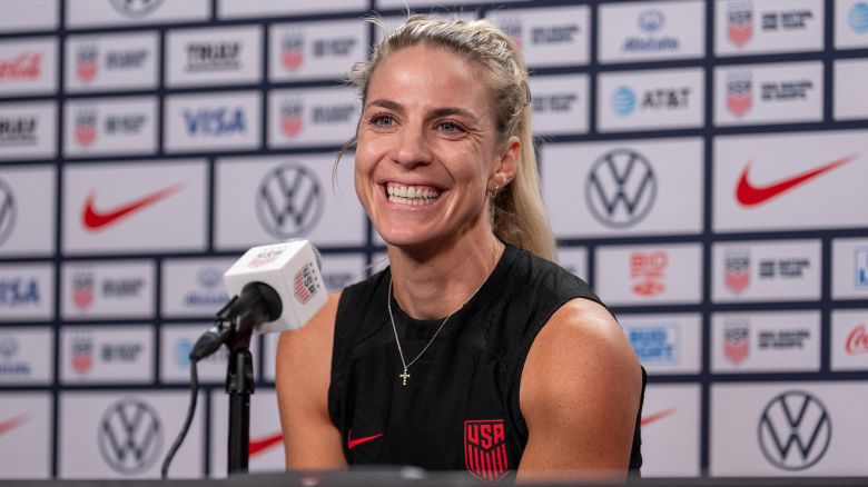 CINCINNATI, OH - SEPTEMBER 20: Julie Ertz of the United States speaks at a press conference during USWNT training at TQL Stadium on September 20, 2023 in Cincinnati, Ohio. (Photo by Brad Smith/ISI Photos/Getty Images).