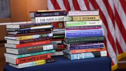 Copies of banned books from various states and school systems from around the country as seen during a press conference at the U.S. Capitol in March 2023. 