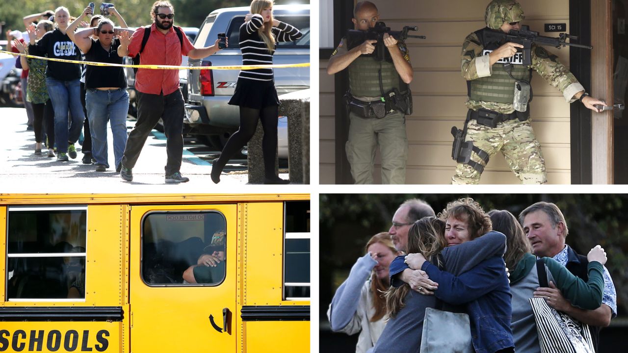 From top left, clockwise: Students and faculty are evacuated from Umpqua Community College during the shooting in 2015.; Authorities respond to the shooting, which left nine people dead.; Faculty members embrace after returning to the campus following the shooting.; People ride a school bus to collect their belongings and vehicles that were left behind.