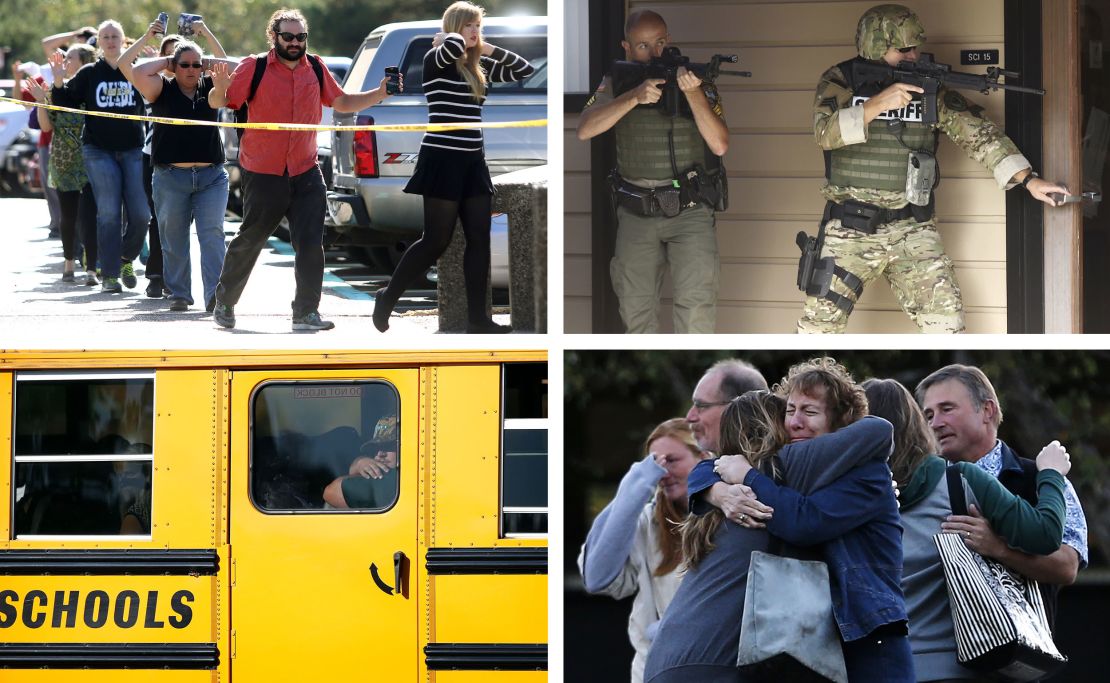 From top left, clockwise: Students and faculty are evacuated from Umpqua Community College during the shooting in 2015.; Authorities respond to the shooting, which left nine people dead.; Faculty members embrace after returning to the campus following the shooting.; People ride a school bus to collect their belongings and vehicles that were left behind.