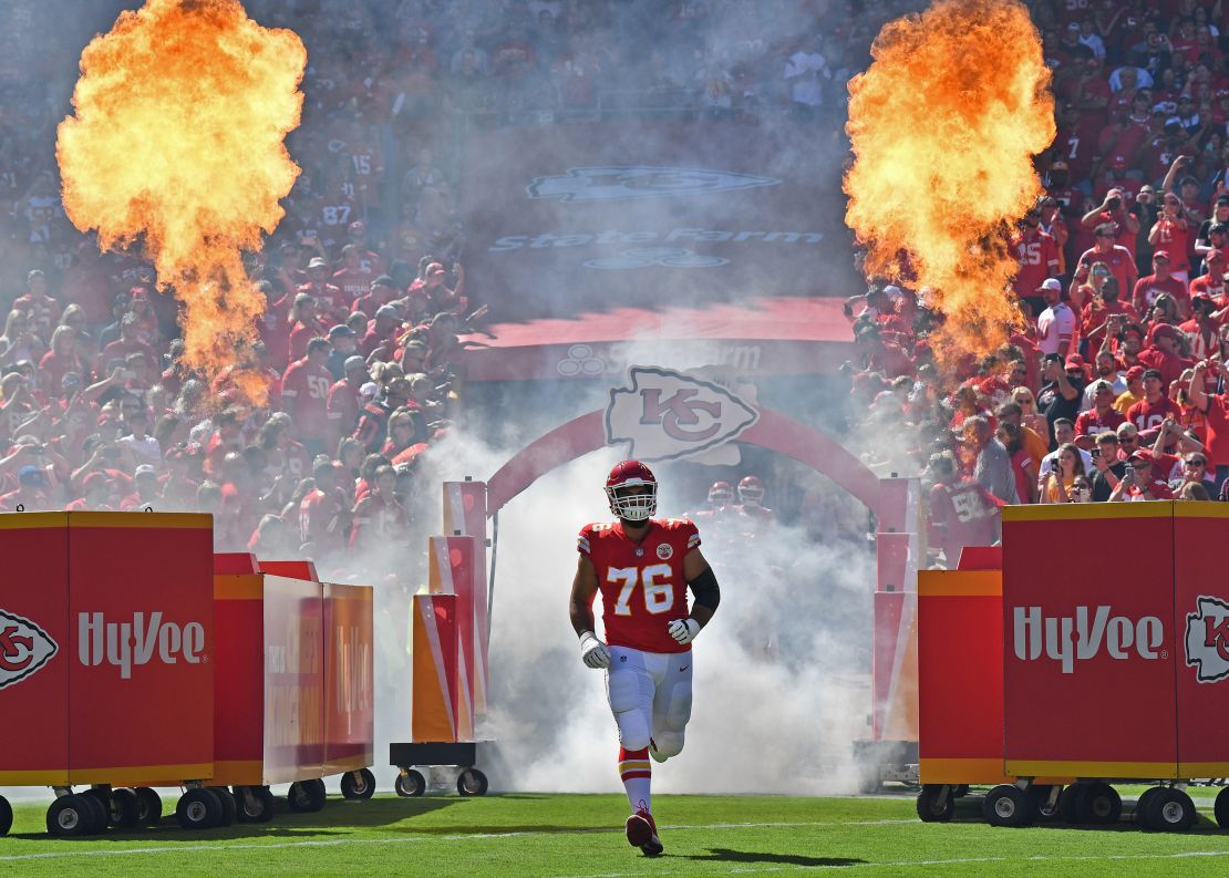 KANSAS CITY, MO - SEPTEMBER 23:  Offensive tackle Laurent Duvernay-Tardif #76 of the Kansas City Chiefs is introduced prior to a game against the San Francisco 49ers on September 23, 2018 at Arrowhead Stadium in Kansas City, Missouri.  (Photo by Peter G. Aiken/Getty Images)