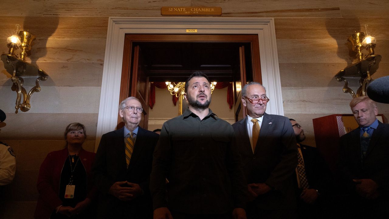 Ukrainian President Volodymyr Zelensky speaks to reporters briefly following a meeting with Senate Minority Leader Mitch McConnell, Senate Majority Leader Charles Schumer and a bipartisan group of senators in the Old Senate Chamber at the US Capitol on September 21, 2023 in Washington, DC. 