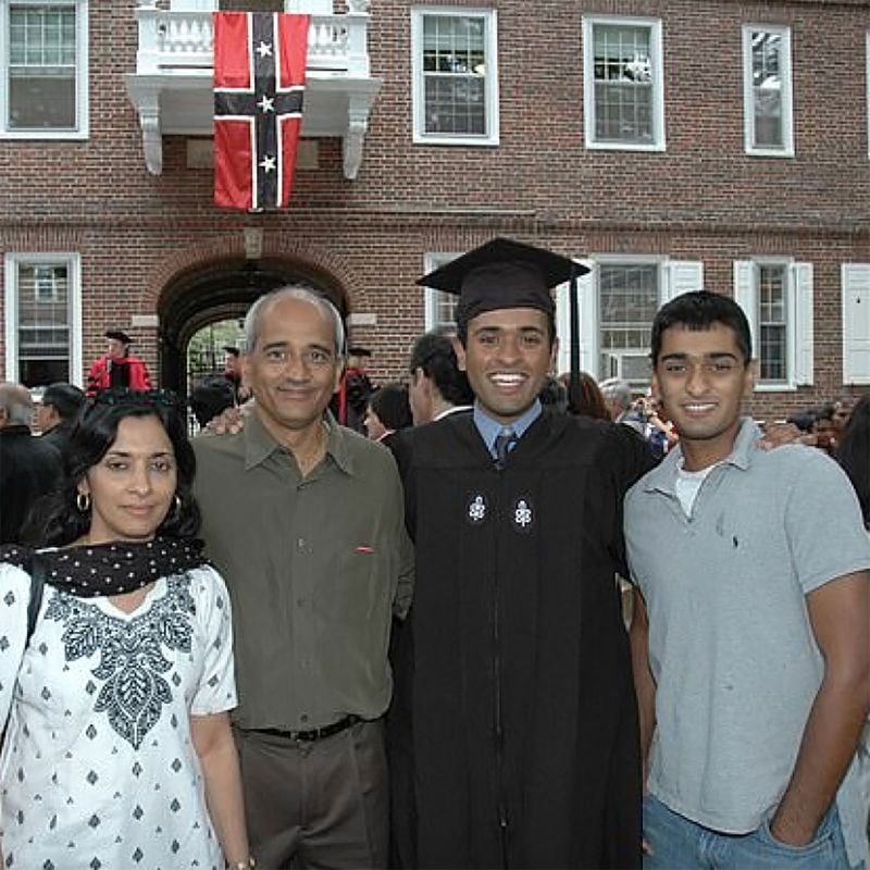 Ramaswamy poses with his parents and his younger brother after graduating from Harvard University.