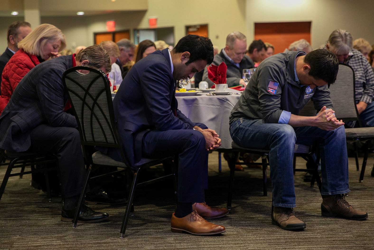 Ramaswamy bows his head in prayer while attending the Ohio Republican Pancake Breakfast in Cincinnati in March 2023. Ramaswamy is a practicing Hindu.