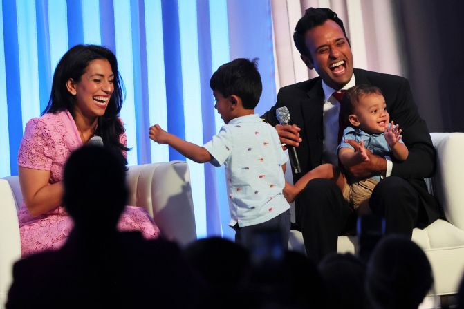 Ramaswamy is joined on stage by his wife, Apoorva, and their sons Karthik, left, and Arjun during the Moms for Liberty National Summit in Philadelphia in July 2023. Apoorva Ramaswamy is a throat cancer surgeon at Ohio State University.