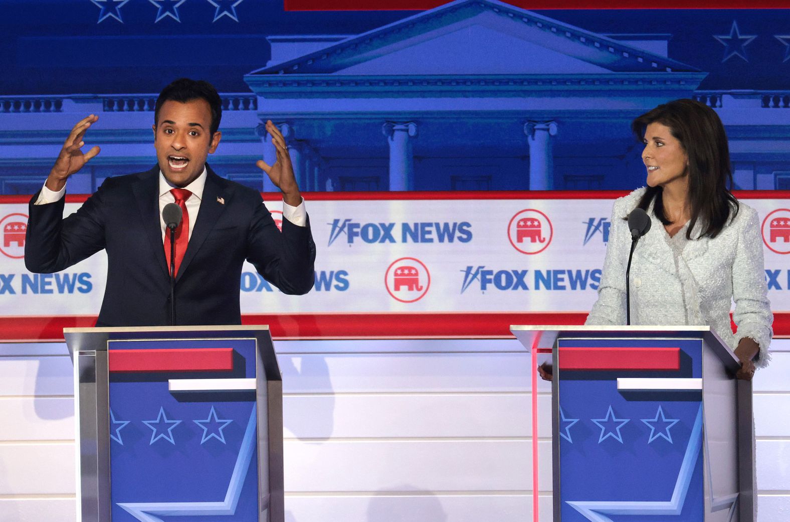 Ramaswamy and Nikki Haley participate in the first Republican presidential debate in August 2023.