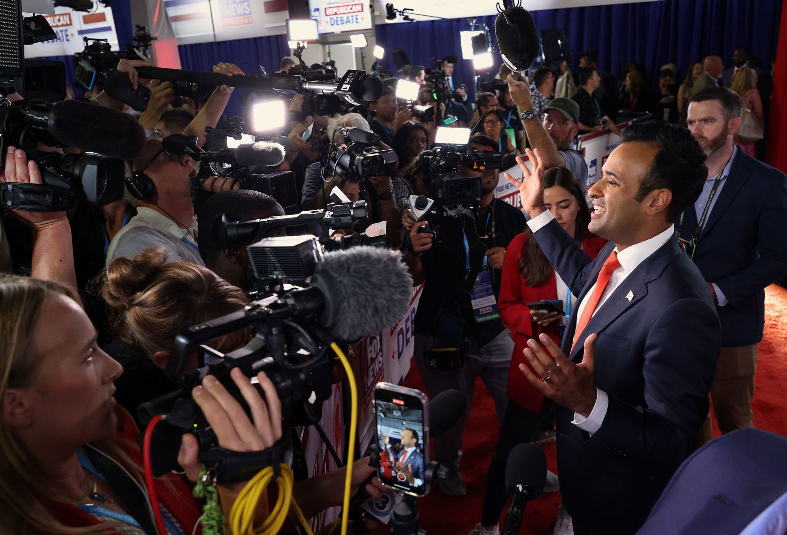 Ramaswamy talks to members of the media after the first Republican presidential debate.