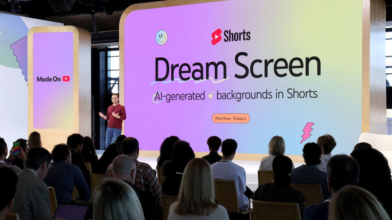 NEW YORK, NEW YORK - SEPTEMBER 21: Matthew Simari, Senior Director of Product Management for YouTube's Generative AI team, announces Dream Screen on stage at Made On YouTube at Pier 57 on September 21, 2023 in New York City. (Photo by Kevin Mazur/Getty Images for YouTube)