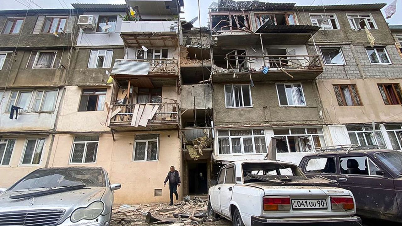 A damaged residential building after Azerbaijani shelling of Stepanakert, Nagorno-Karabakh, September 19, 2023.