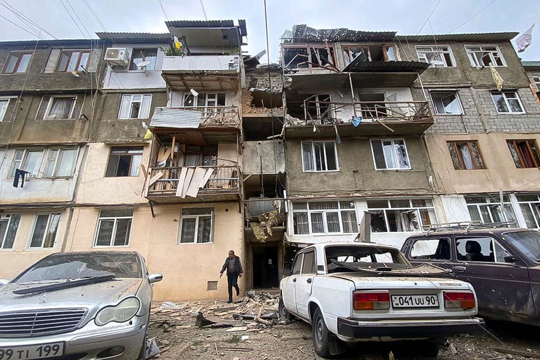 A damaged residential building after Azerbaijani shelling of Stepanakert, Nagorno-Karabakh, September 19, 2023.