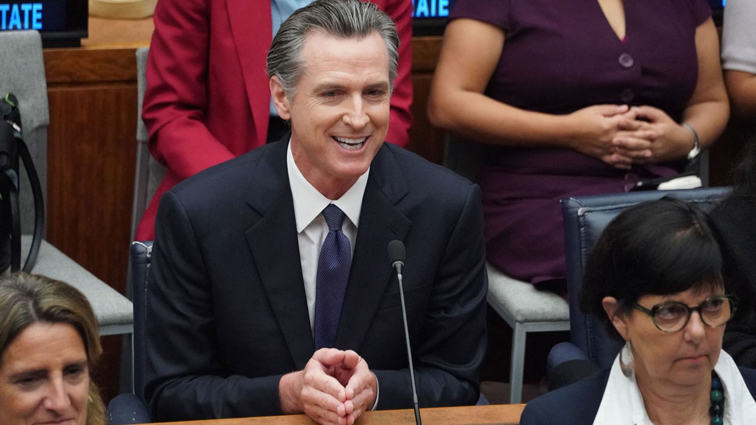 California Gov. Gavin Newsom at the UN Climate Ambition Summit at the 78th United Nations General Assembly at UN headquarters in New York City on Wednesday. 