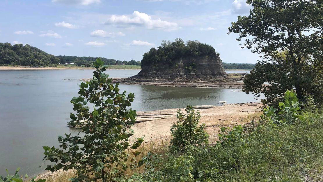 Tower Rock becomes walkable when water levels drop below 1.5 feet at a nearby river gauge.