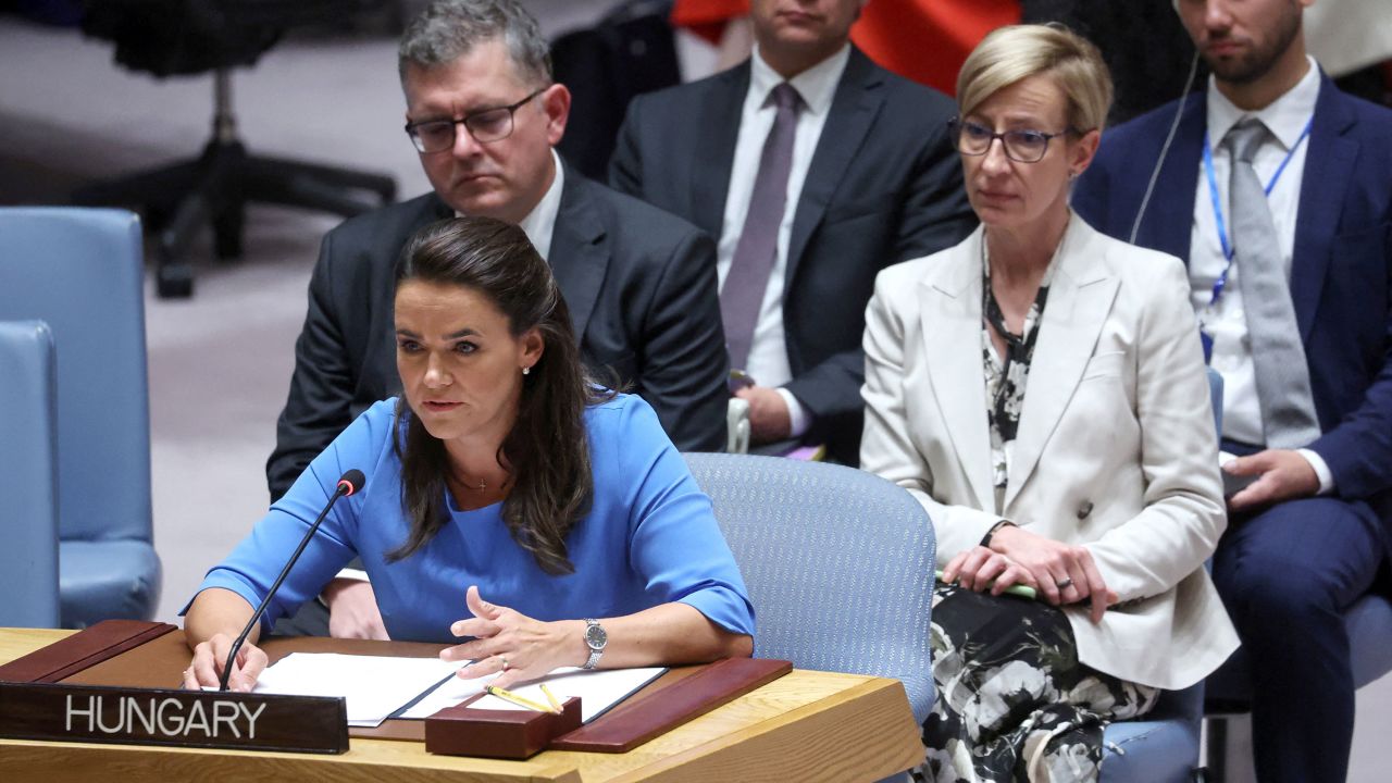 Hungary's President Katalin Novak speaks during a ministerial level meeting of the United Nations Security Council on the crisis in Ukraine at UN headquarters in New York, September 20, 2023.