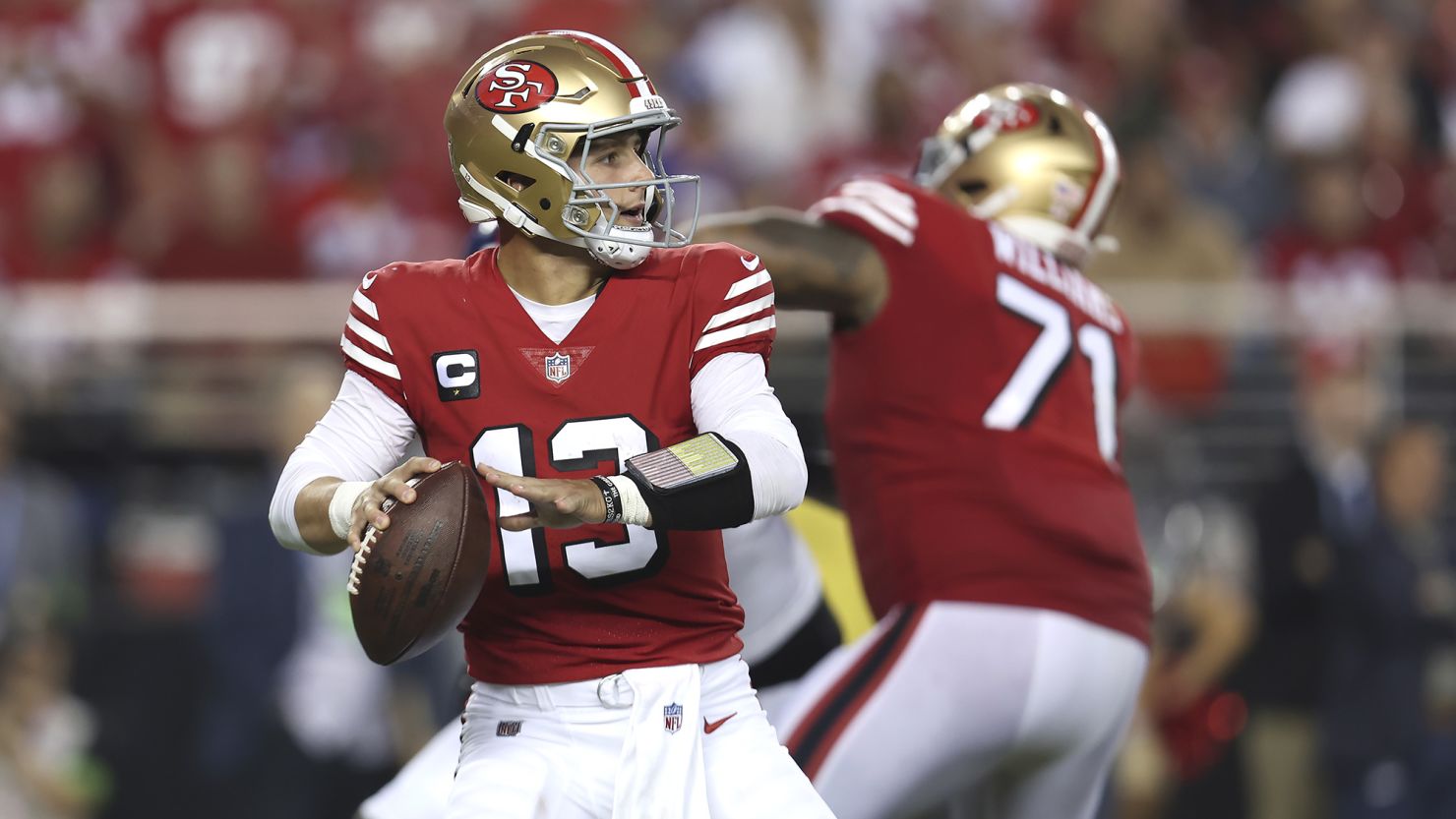 San Francisco 49ers quarterback Brock Purdy (13) passes against the New York Giants during the second half of an NFL football game in Santa Clara, Calif., Thursday, Sept. 21, 2023. (AP Photo/Jed Jacobsohn)