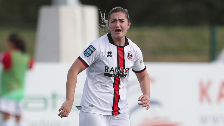 MADDY CUSACK  of Sheffield United during the FA Women's Continental Tyres League Cup match between Durham Women FC and Sheffield United at Maiden Castle, Durham City on Sunday 2nd October 2022. (Photo by Mark Fletcher/MI News/NurPhoto via Getty Images)