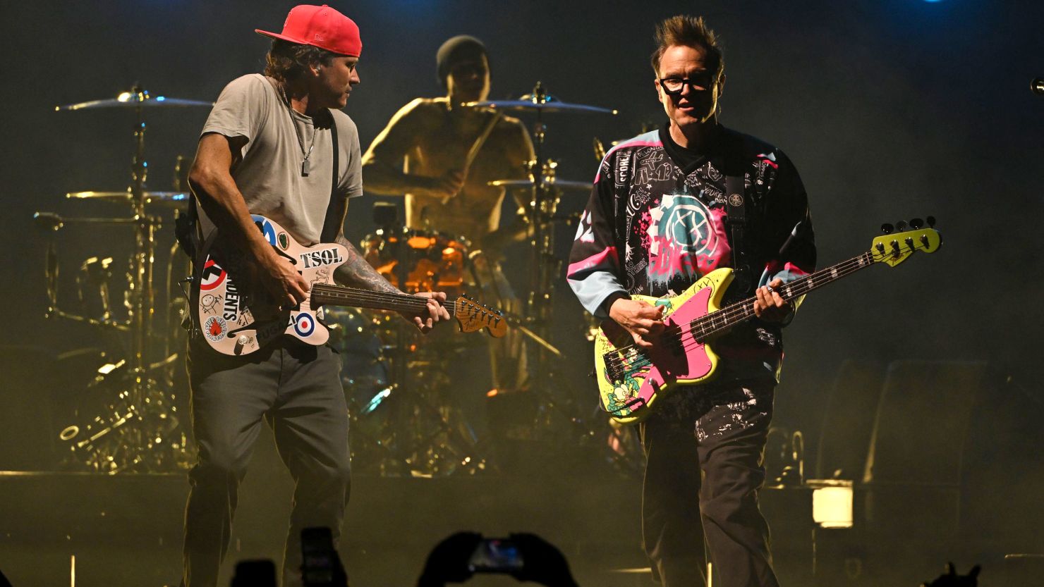 Mark Hoppus, Travis Barker and Tom DeLonge of Blink-182 perform in July.