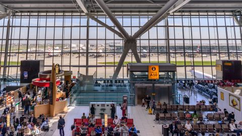 London Heathrow, April 20, 2016: Heathrow Terminal 5 is an airport terminal at Heathrow Airport. Opened in 2008, the main building in the complex is the largest free-standing structure in the UK
